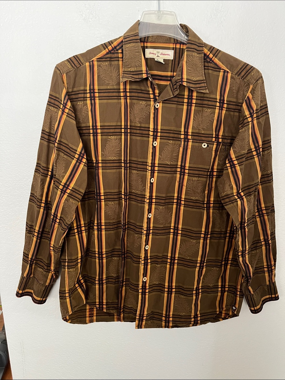 Tommy Bahama Brown Plaid Button-Down Shirt with Orange Stripes NWOT (46Wx29L)